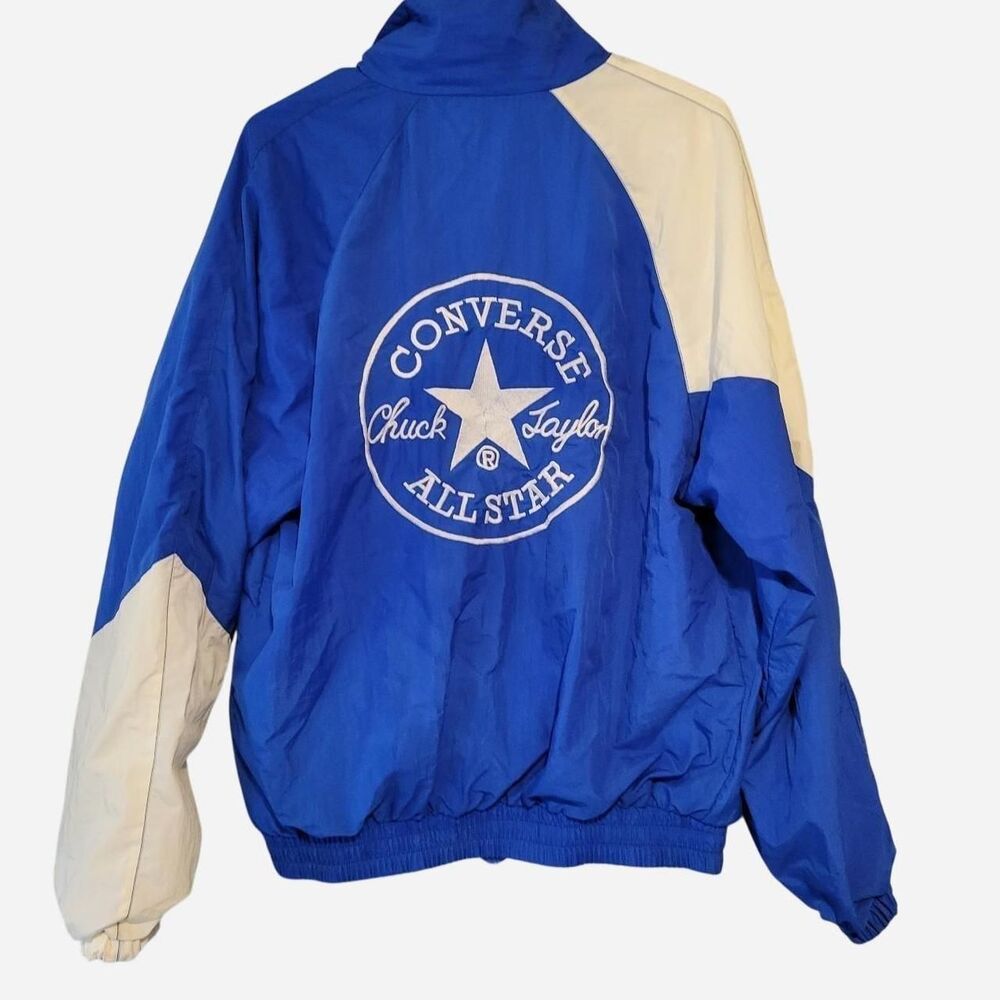 VTG Converse Men's Medium 90s White and Blue Windbreaker Jacket
